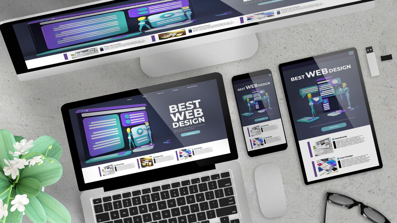 desktop, laptop, phone and table arranged on a table with words best web design showing on all